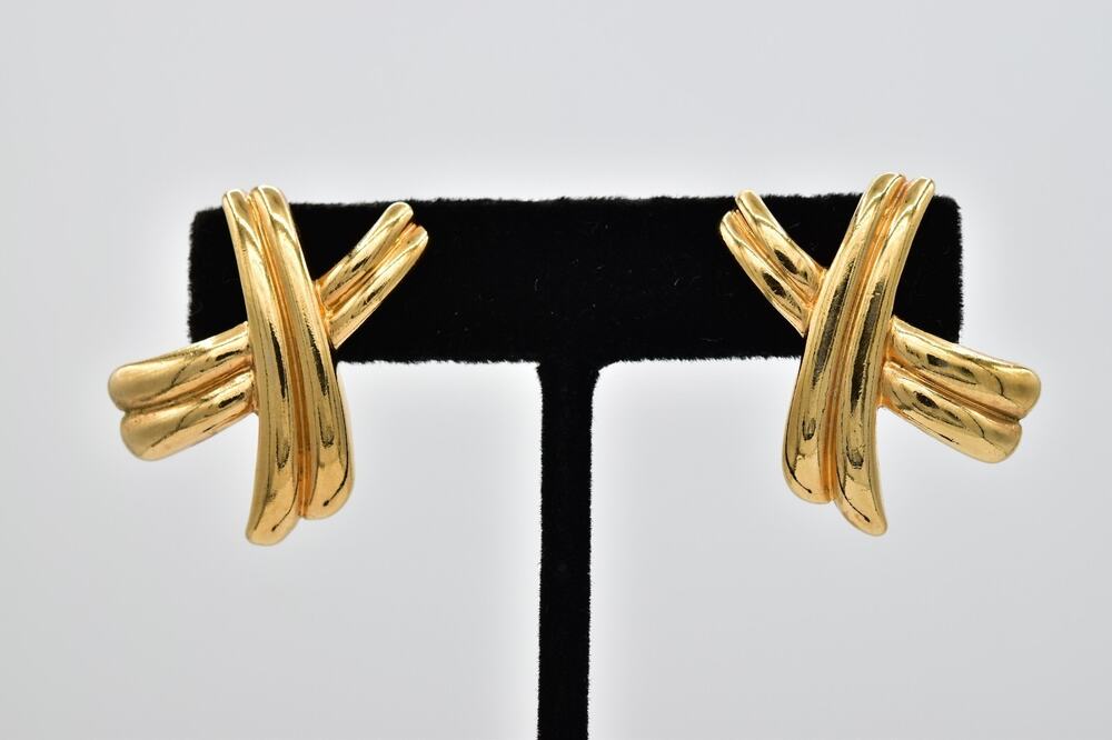 Vintage Avon Abstract X Ribbon Knot Pierced Statement Earrings Gold 1990s BinAZ